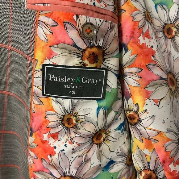 Mens PAISLEY & GRAY Sz 42L Gray & Peach Plaid Slim Fit Suit Jacket Sport Coat - Picture 9 of 13